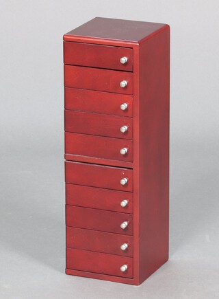 A mahogany square table top, 10 drawer, jewellery chest 39cm h x 12cm w x 12cm d 