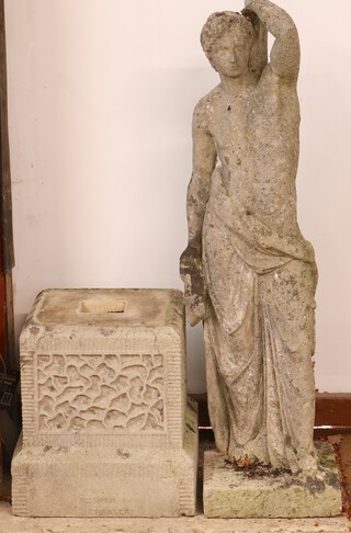 A well weathered concrete garden figure of a classical man on a square base, in 2 sections, 156cm h 