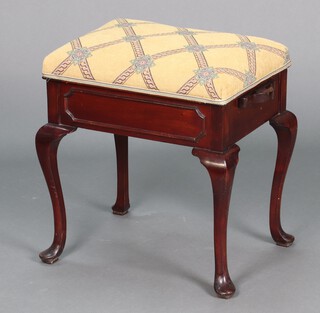 A 1930's rectangular mahogany music stool with upholstered seat 53cm h x 48cm w x 38cm d 