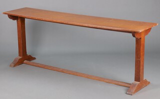A rectangular elm refectory style side table on square supports with H framed stretcher 73cm h x 198 cm w x 45cm d 
