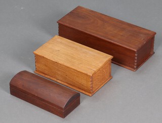A domed mahogany trinket box with hinged lid 7cm h x 25cm w x 11cm d, 1 other 10cm x 39cm x 16cm and an elm box 10cm h x 28cm w x 15cm d 
