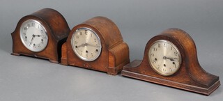 A 1930's Haller chiming mantel clock with silvered dial, contained in an oak Admiral's hat shaped case and 2 other chiming mantel clocks 