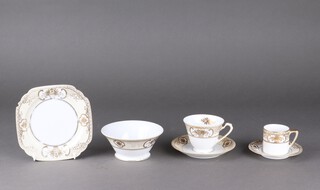 A Noritake gilt tea/coffee service comprising 11 plates (2 chipped, 1 cracked), sugar bowl, 5 cups (1 with chip to base), 13 saucers (1 chipped), 11 coffee cans, 12 saucers (rubbing throughout)