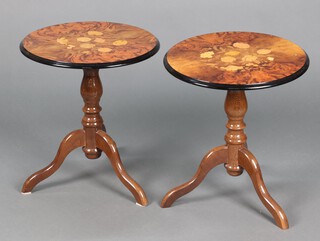 A pair of circular simulated inlaid walnut finished wine tables raised on cabriole supports 48cm h x 44cm diam