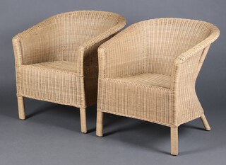 A pair of wicker tub back conservatory chairs 70cm h x 64cm w x 64cm d 