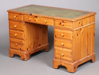 Victoria, a Victorian style pine desk with green inset writing surface above 1 long and 8 short drawers 74cm h x 121cm w x 61cm d (in 1 section)