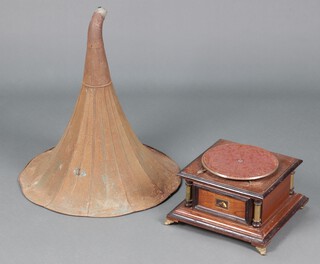 A reproduction His Master's Voice gramophone with green painted pressed metal horn (requires attention) 19cm x 24cm x 34cm 