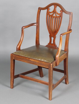 An Edwardian Hepplewhite style mahogany open arm carver/desk chair on square supports with H framed stretcher 94cm h x 54cm w x 44cm d 