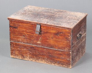 A 19th Century pine box with hinged lid and iron handles to the side 42cm h x 66cm w x 42cm d 