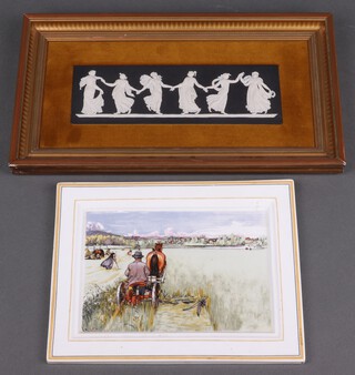 A Wedgwood black Jasperware Dancing Hours plaque, framed, 18cm x 33cm and a Villeroy & Boch porcelain plaque decorated a harvest scene 18cm x 23cm 