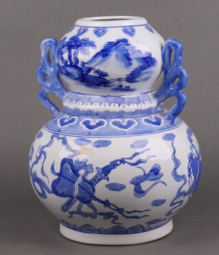 A Chinese style blue and white double gourd shaped twin handled vase 37cm 