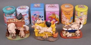 Three limited edition David Corbridge Piggin' figures boxed and 6 other Piggin' figures contained in a cylindrical tins 