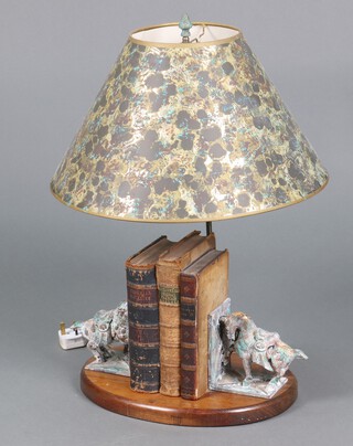 A table lamp in the form of a pair of horse book ends on an oval base 59cm and a gilt metal and glass Art Nouveau style table lamp 34cm 