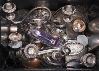 Two pairs of silver plated 2 light candelabrum, napkin rings and other items of silver plate 