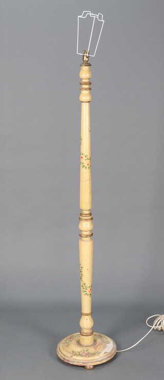 A 1920's white and floral painted standard lamp  151cm h