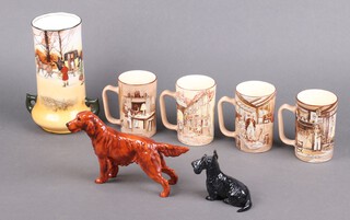 A Royal Doulton figure of a standing Irish Setter 13cm, ditto Scottie Dog 8cm, a Series Ware twin handled vase decorated coaching scene 21cm and 3 Newhall Pottery mugs (1 cracked) 