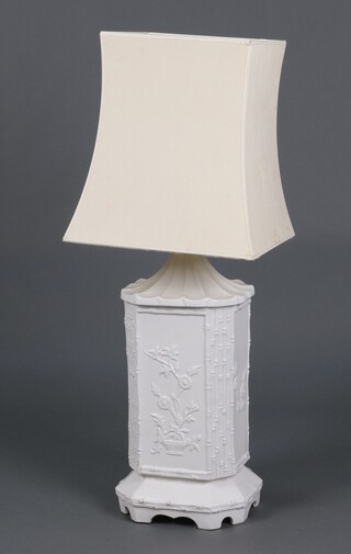 A Chinese style blanc de chine pottery lamp in the form of an urn, complete with shade 50cm 
