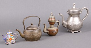 An Eastern embossed silver plated teapot, an Eastern copper and brass teapot, a brass teapot and a cloisonne enamelled miniature teapot 