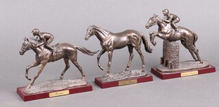 Three bronzed figures of race horses - Red Rum, Shergar and Dessert Orchid on wooden bases 17cm 