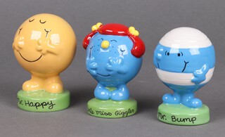 Two Mr Men Wade figures - Mr Bump and Mr Happy with certificates and Little Miss Giggles 