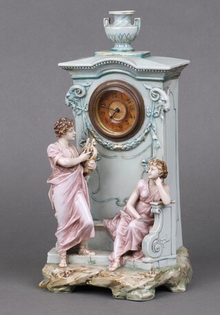 An Edwardian Continental timepiece, contained in a porcelain case supported by 2 figures of ladies representing The Arts, base impressed 533 2, 28cm h x 16cm w x 14cm (case a/f not running and without a key) 