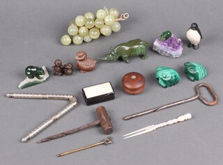 Two malachite figures of toads 5cm, an onyx bunch of grapes, carved wooden figures, curios etc 