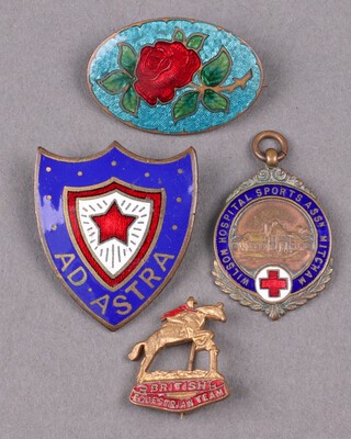 A gilt metal and enamel British Equestrian Team lapel badge, a shield shaped enamel lapel badge marked AD ASTRA, an oval enamelled lapel badge decorated a rose and a Wilson Hospital Sports Association fob 