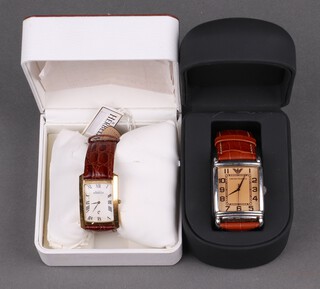 An Emporio Armani gentleman's quartz wristwatch with rectangular dial on a leather strap boxed, together with a Michel Herbelin wristwatch cased