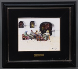 Raymon Poveda Ibars (b.1936), oil on board signed, study of basket makers 18cm x 23cm 