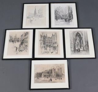 Six monochrome prints, Victorian London street scenes 25cm x 18cm, contained in ebonised frames 