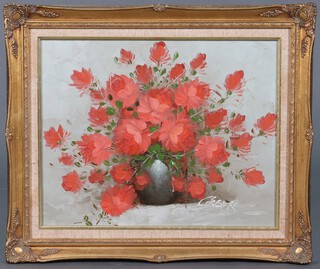 Corbero, oil on canvas, still life study of a vase of red roses 39cm x 50cm, contained in a gilt frame