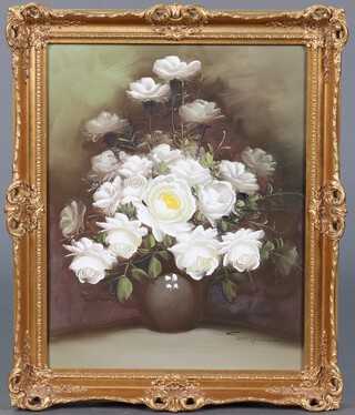 Suzanne, Continental oil on canvas, still life study of a vase of white roses 48cm x 39cm, contained in a gilt frame 