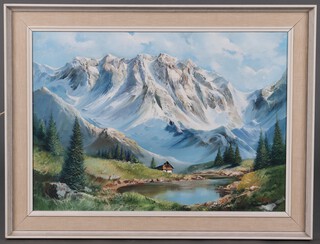 Simons De La Rosa 1920, oil on canvas signed, lake scene snow capped mountains in the distance, 50cm x 69cm 