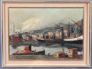 Cartter, oil on canvas, signed and dated, Continental harbour scene with mountains in the distance 48cm x 69cm 