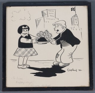 Copeland, satirical cartoon, marked "To Lisa, Happy Days, Sliggo 20.9.48", 22cm x 22cm 