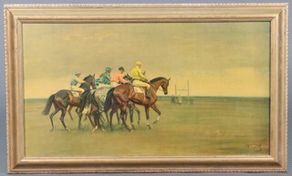 After Sir Alfred Munnings, a coloured print "October Meeting" 39cm x 72cm 