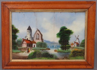 A pair of Victorian paintings on glass, churches by a river 37cm x 56cm, contained in maple frames