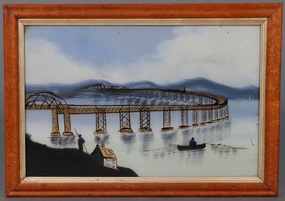 A Victorian painting on glass, viaduct across an estuary 15cm x 57cm, in a maple frame 