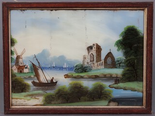 A 19th Century painting on glass, river scene with windmill and ruined church 40cm x 53cm 