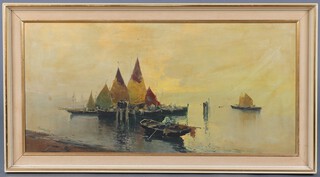 Pergati?, a Continental oil on canvas, study of fishing boats 47cm x 97cm 