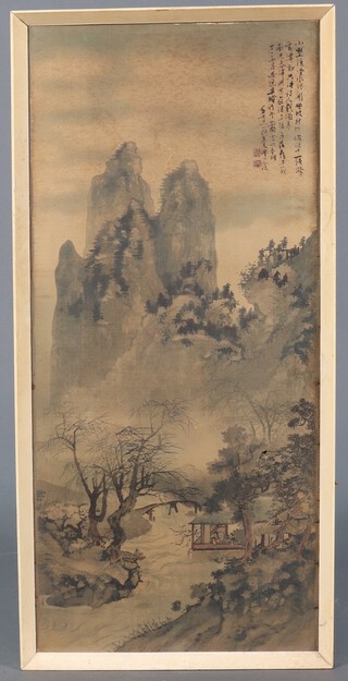 A Chinese coloured print on fabric, mountain river with building and figure 90cm x 41cm (slight tear to fabric) together with a pen and ink sketch of a Chinese horseman monogrammed ANC 41cm x 29cm 
