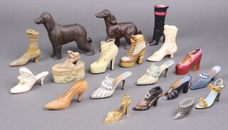 Two resin models of Afghan hounds 14cm together with 17 various models of ladies shoes 