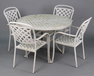 A Hartman green painted and pierced aluminium garden set comprising pedestal table 76cm h x 107cm diam. and 4 stacking chairs 