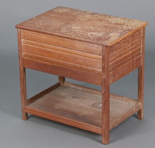 A bleached oak sewing table with hinged lid and undertier 53cm x 55cm x 39cm (water and contact marks in places) 