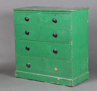 A Victorian green painted pine chest of 2 short and 3 long drawers with turned handles (1 missing) 108cm h x 105cm w x 54cm d 