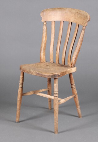 A 19th Century bleached elm bar back Windsor chair with solid seat, raised on turned supports with H framed stretcher 90cm h x 34cm w x 38cm d 