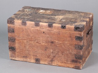 A 19th Century pine and metal bound plate box/trunk with hinged lid 43cm h x 75cm w x 46cm d 