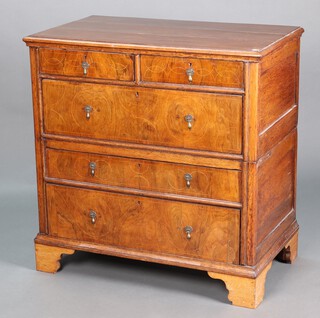 A Queen Anne oak lined and inlaid mahogany chest of 2 short and 3 long graduated drawers with brass pear drop handles, raised on later bracket feet  101cm h x 100cm w x 58cm d  