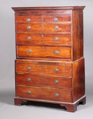 A Georgian mahogany chest on chest, the upper section with moulded and dentil cornice fitted 2 short and 3 long drawers, the base fitted 3 long drawers with replacement drop handles, raised on bracket feet 178cm h x 120cm w x 60cm d 