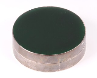 A Victorian silver jar and cover with green gouache enamelled cover, London 1898 by Wright & Davies 7.5cm, gross weight 126 grams 